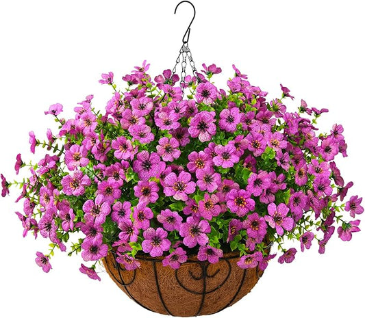 Artificial Faux Hanging Plants Flowers Basket Outdoor Porch Garden Spring Decoration, Fake Silk Daisy in Planter Realistic UV Resistant for Outside Home Patio Balcony Yard(Purple)