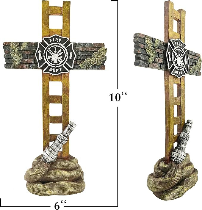 Firefighter Accessories, Fireman Standing Cross Statue Memorial 10", Fire Fighter Gifts