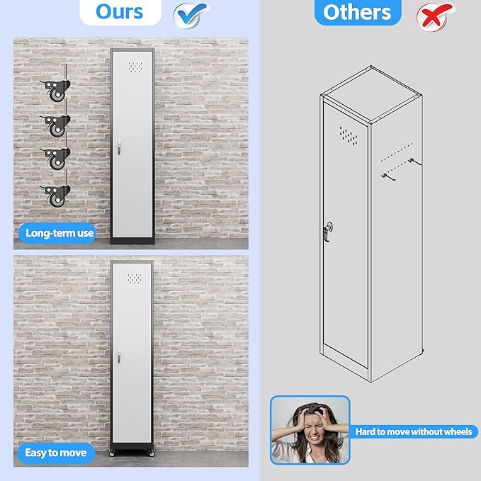 72''H Metal Broom Closet Storage Cabinet with Wheels & Pegboards, Mops Broom Closet Organizer with Locking Door & Hanging Rod,Cleaning Tool Garage Cabinet,Assembly Required,Black White