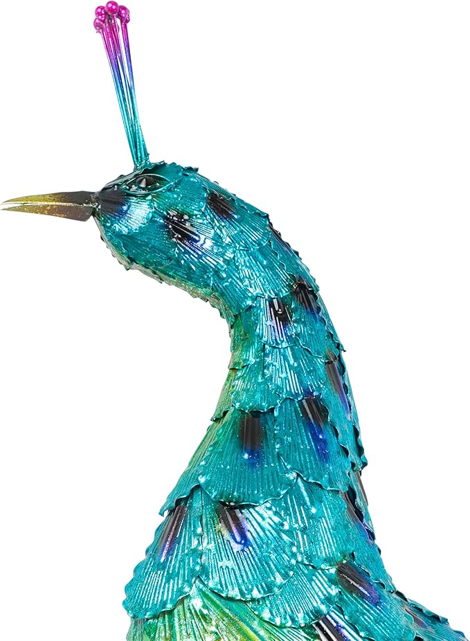 Alpine Corporation HEH378 Metal Jumbo Sized Majestic Peacock Decor, Elegant Garden & Patio Bird Statue, 33" H, Blue