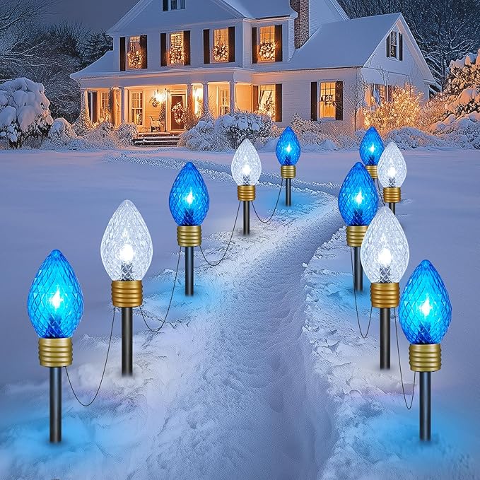 Brightown Strawberry Jumbo C9 Christmas Pathway Lights Outdoor -2 Pack Total 17 Feet 10 LED Jumbo C9 Walkway Lights, Christmas Lights Outdoor Decorations for Lawn Outside Holiday, Blue & Pure White