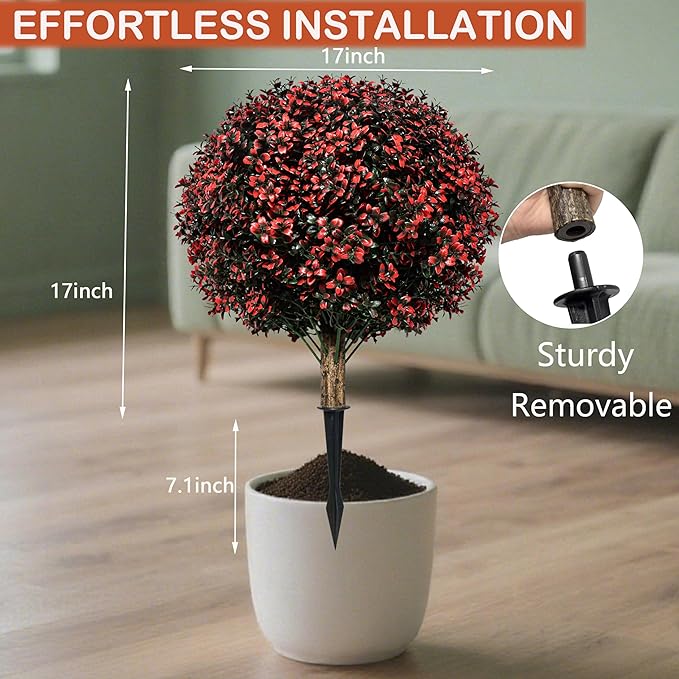 Fall Artificial Topiary Ball Boxwood Tree Outdoor with Spike,Set of 2 Large Faux Shrubs Bushes for Outdoor Planter,UV Resistant Autumn Fake Boxwood Plants for Potted Porch Indoor 24"