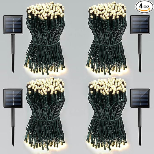 4 Pack Total 800 LED Solar Christmas Lights Outdoor, Solar String Lights for Outside with 8 Modes, Waterproof Green Wire Solar Powered Tree Light for Xmas Party Yard Garden Decorations (Warm White)