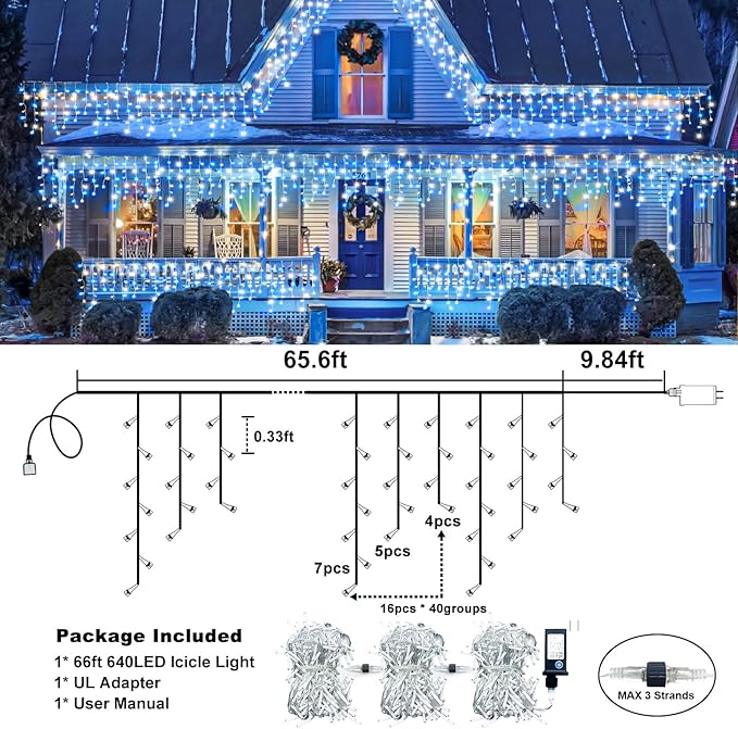 Christmas Icicle Lights Outdoor, 66Ft 640 LED Icicle Lights for Outside with 8 Modes Timers, Waterproof Plug in Twinkle String Light for Yard Eave Patio Party Holiday Decorations, Blue White