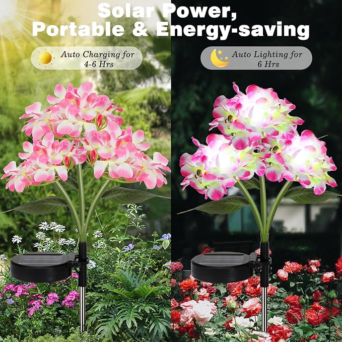4 Pack Solar Garden Lights, Solar Flowers Lights with 4 Blooming Hydrangea Flowers, Waterproof Solar Lights Outdoor for Yard Porch Patio Backyard Pathway Gardening, 2 Lighting Modes, Colorful
