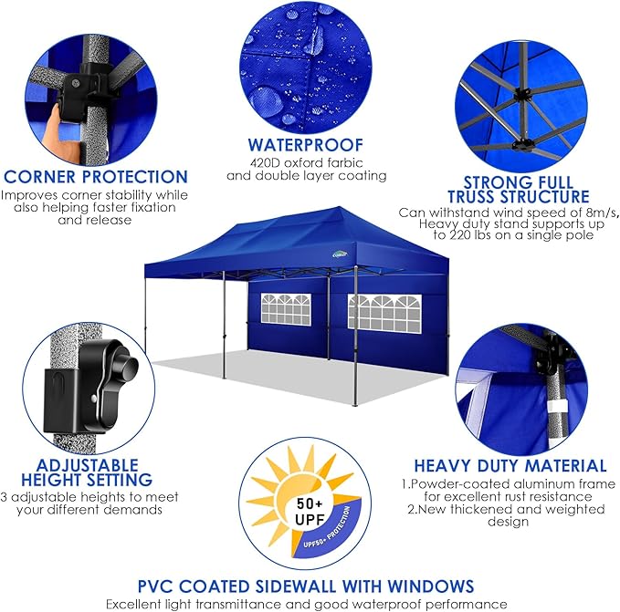 COBIZI 10x20 Canopy with Sidewalls, Heavy Duty Party Tent Pop up carpas para Fiestas, Tents for Parties, Wedding, Outdoor Ez up Foldable Portable Canopy Tent with Wheeled Bag, Navy Blue Upgrade