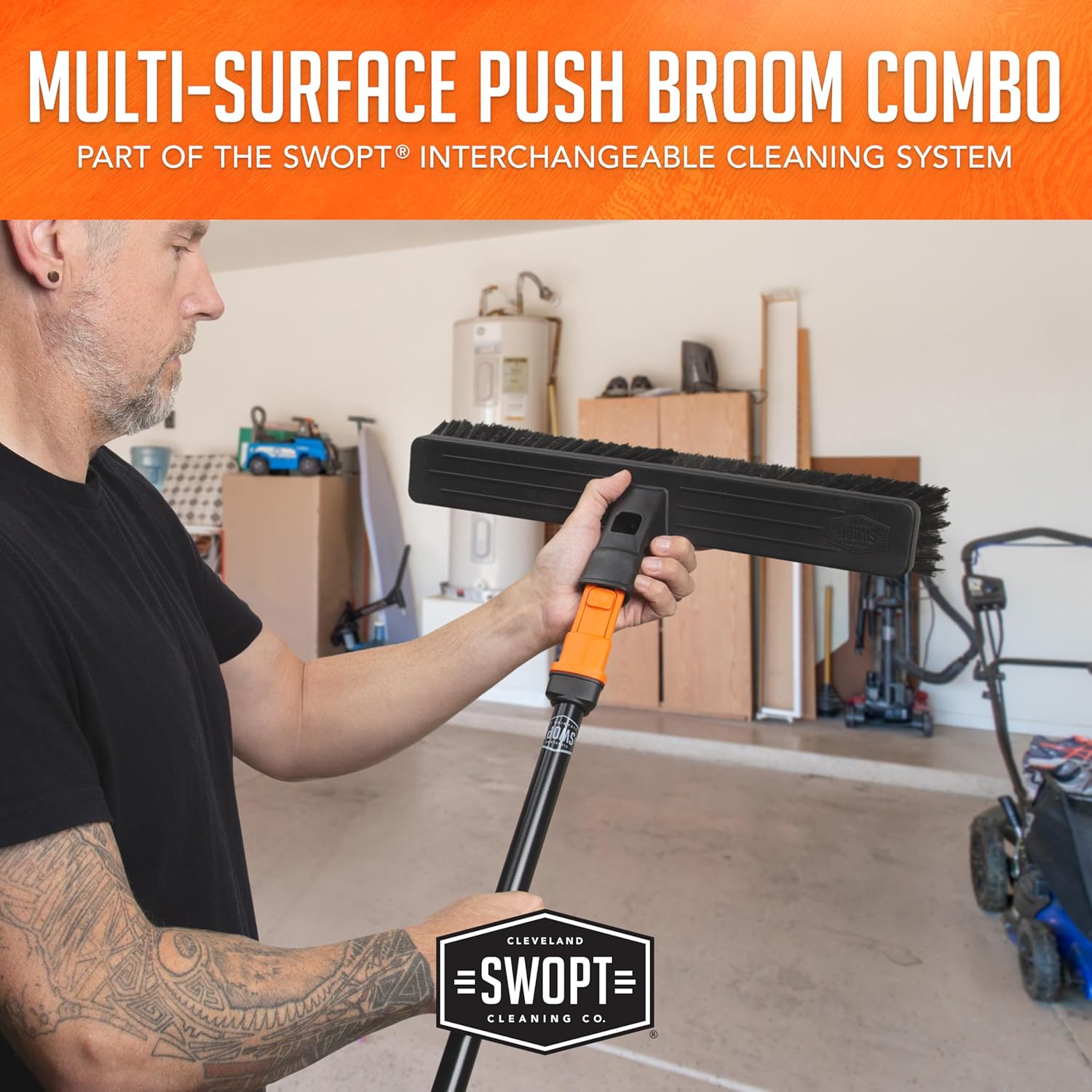 SWOPT 18” Multi-Surface Push Broom + 60" Steel Handle, Standard Combo — Cleaning Head with Interchangeable Long Handle, Works with All SWOPT Cleaning Products — Indoor & Outdoor Push Broom Set, Black