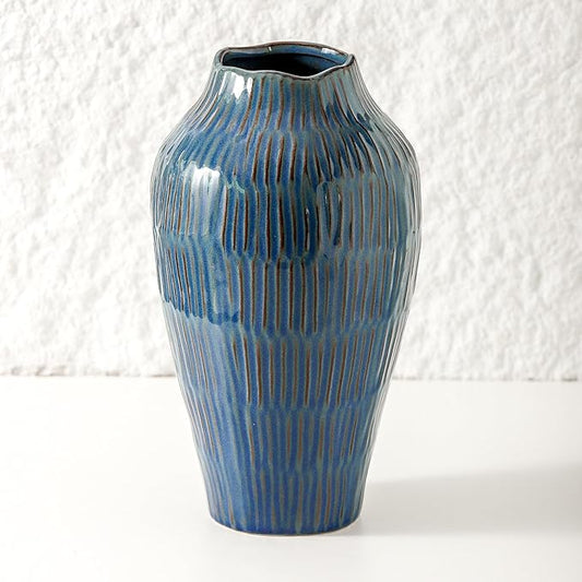 Blue Ceramic Vase for Home Decor,11.6 Inch Flower Vase，Decorative Vases for Pampas Grass，Modern Art Texture Vases for Home Entryway Living Room Dining Table Farmhouse Office Decor-Blue
