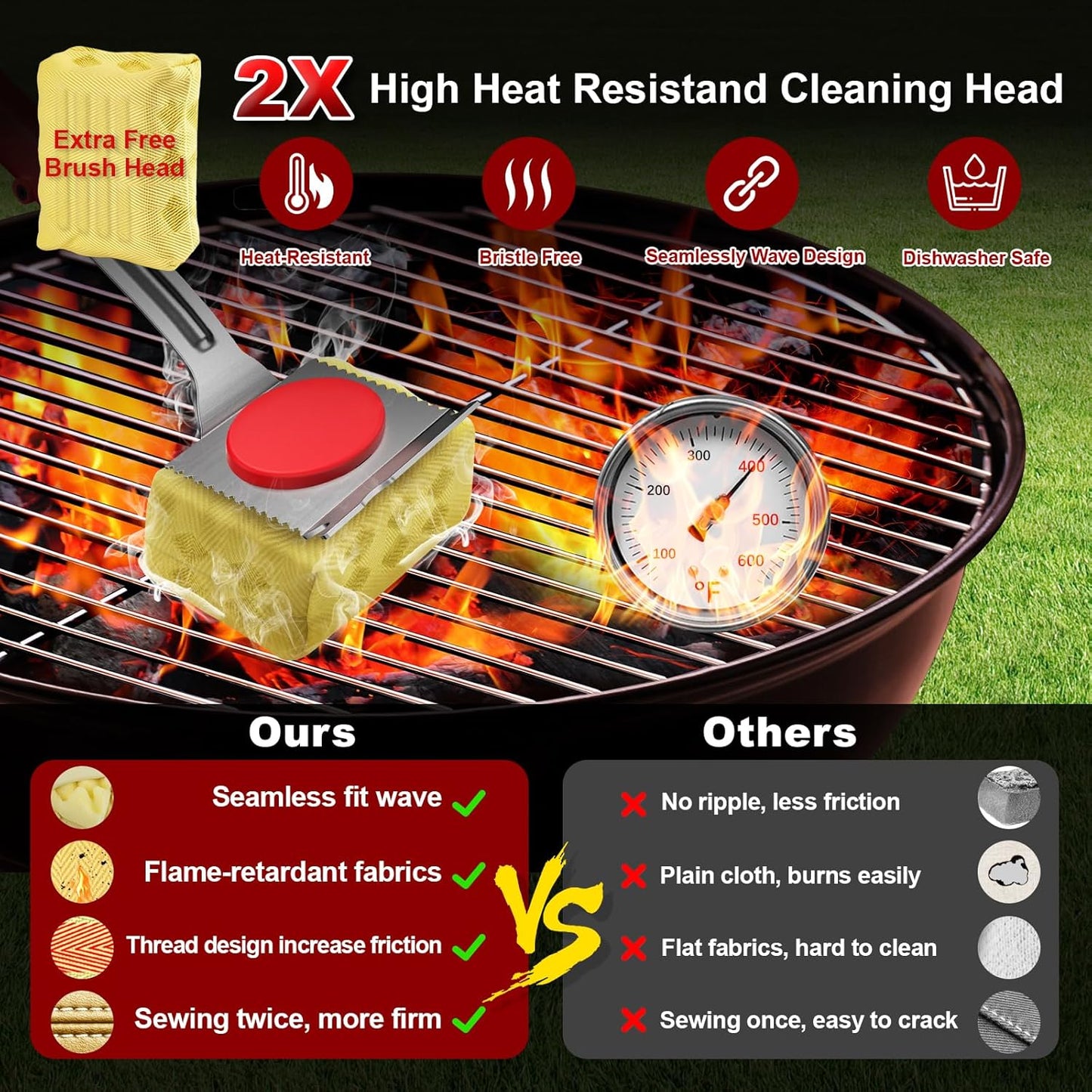 Grill Brush Bristle Free, BBQ Grill Brush for Outdoor Grill, Safe Steam Grill Cleaning Brush with Scraper, Replacement Sponge Heads, Non Metal Bristles for Cast Iron, Stainless-Steel Grates