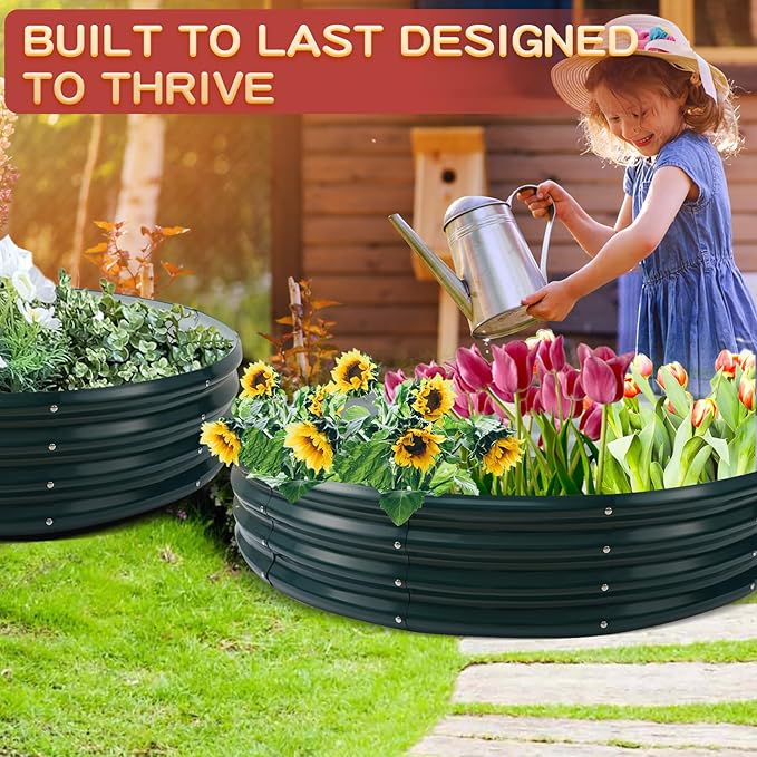 Durable Round Steel Raised Garden Bed Painted for Planting Vegetable/Herbs/Flowers/Trees at Backyard/Garden,or Baby Chicken,Christmas Tree Fence (Dark Green, 47 in Diameter x 12 in high)