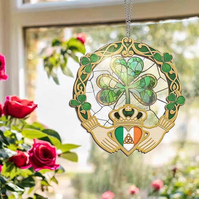 FLAGWIX Irish Gifts for Women, Men - Christmas, Birthday Gifts for Women, St Patricks Day, Shamrock Decorations, Good Luck Gifts, Claddagh, Celtic Home Decor - Window Suncatcher Hanging Decorations