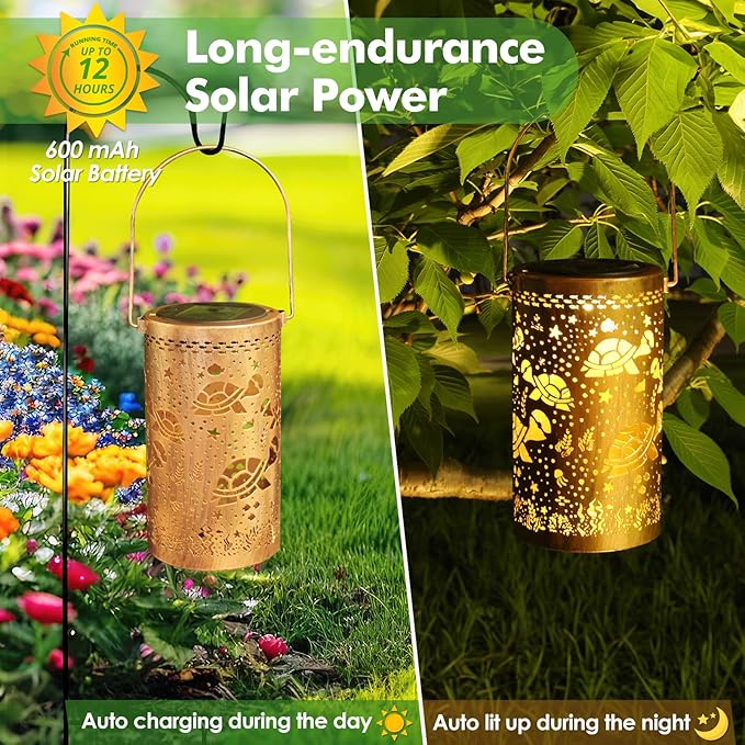 Fabuday Turtle Solar Lanterns Outdoor Waterproof - Metal Hanging Solar Powered Lights Led for Outside, Patio, Porch, Balcony, Yard and Deck Garden Decor, Gardening Decorations Gifts for Women Mom