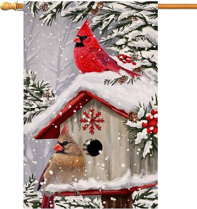 BLKWHT Winter Cardinal Bird House Flag 28 x 40 Vertical Double Sided Trees Snow Christmas Holiday Outside Decorations Burlap Yard Flag BW735-40