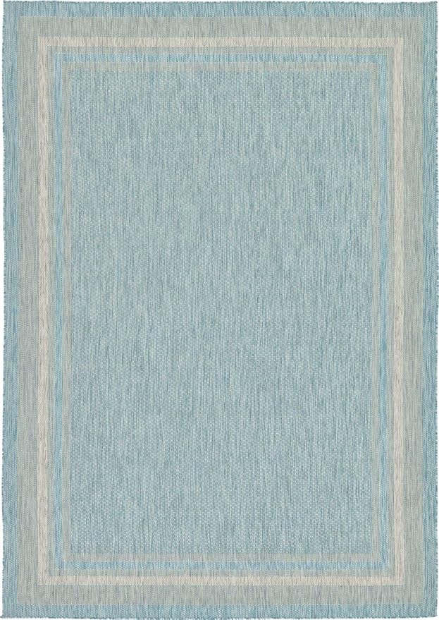 Unique Loom Outdoor Border Collection Area Rug - Soft Border (8' x 11' 4" Rectangle, Aquamarine/ Ivory)