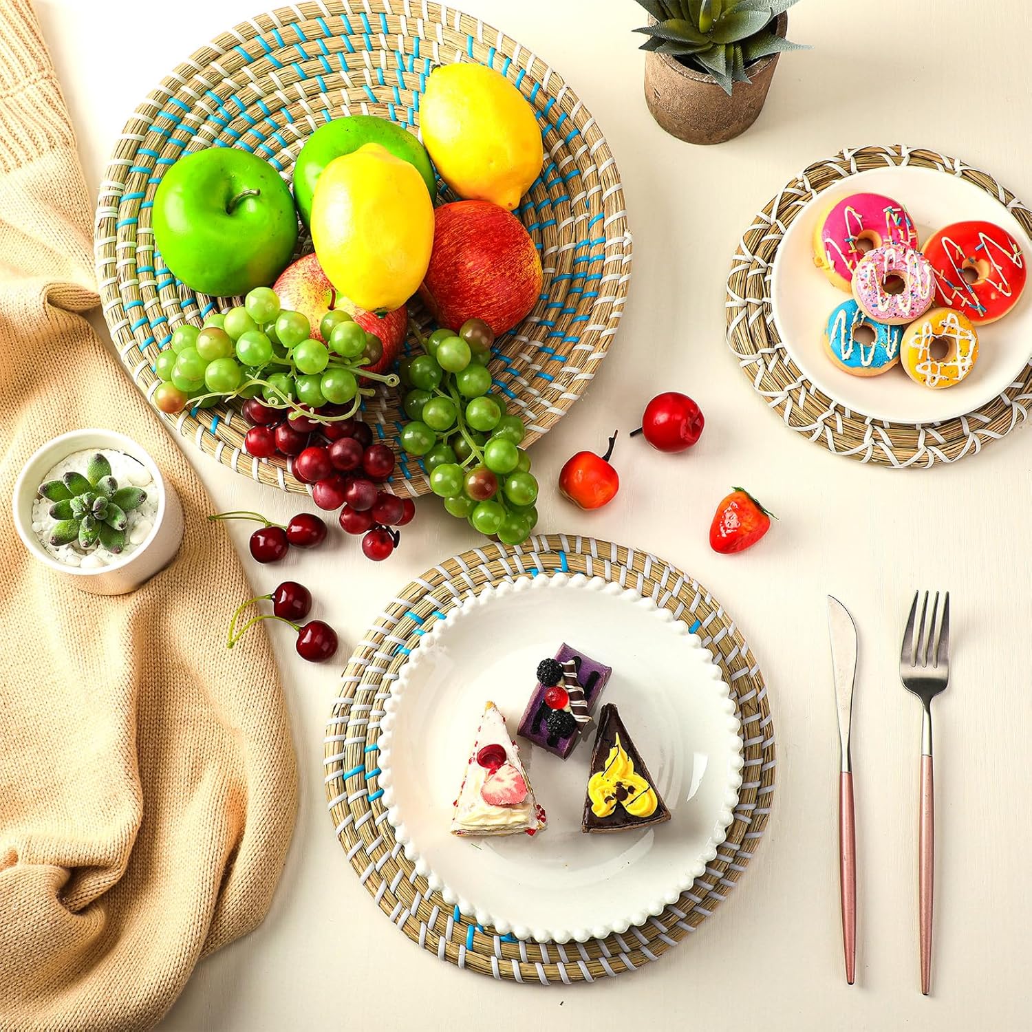 Xuhal Set of 8 Hanging Woven Wall Basket Handmade Decorative Rustic Boho Basket Decor Handcrafted Wicker Round Seagrass Wall Art for Home Kitchen Farmhouse Table Living Room