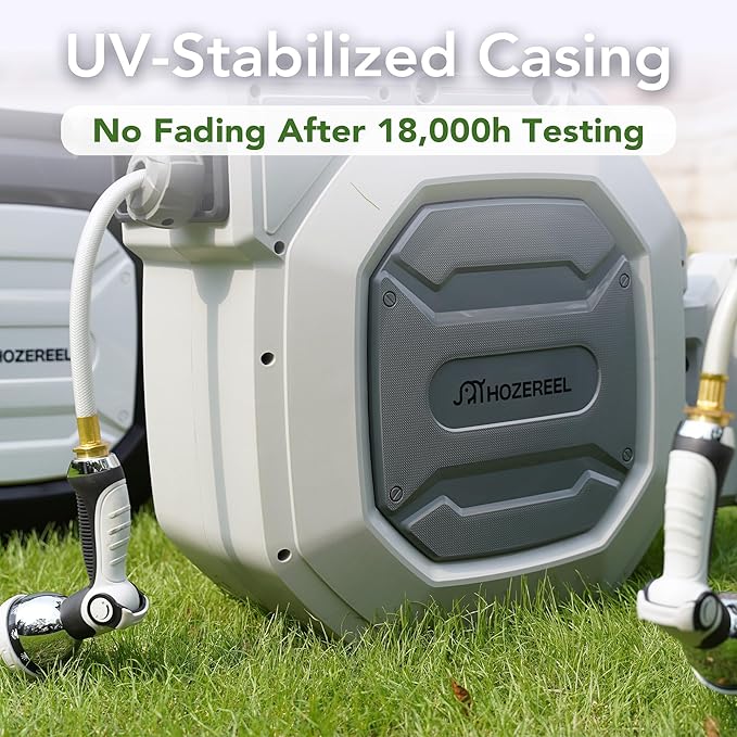 5/8" x 100 ft Heavy Duty Retractable Garden Hose Reel by HOZEREEL, Outdoor Garden Hose Reels - Self Retract Wall Mount Hose Reel Automatic Storage, 10 Pattern Nozzle, Grey