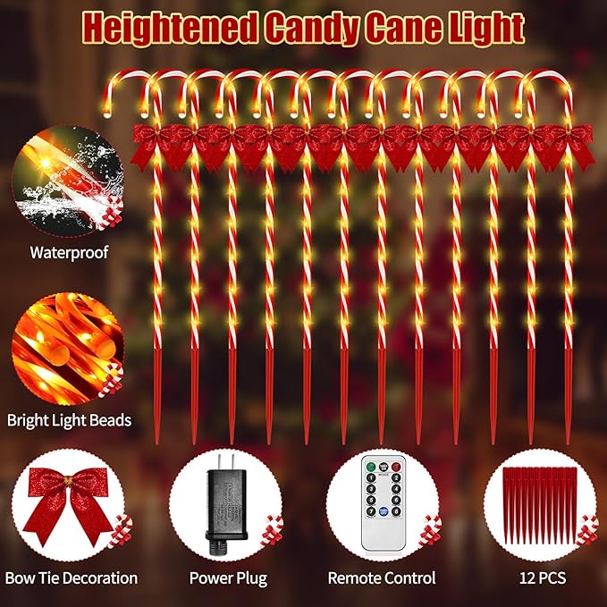 Christmas Candy Cane Pathway Lights, 12PCS 120 LED Christmas Lights Outdoor Decorations with Red Bow Waterproof, 8 Modes Timer Remote Christmas Walkway Lights for Xmas Home Yard Lawn Patio Decor