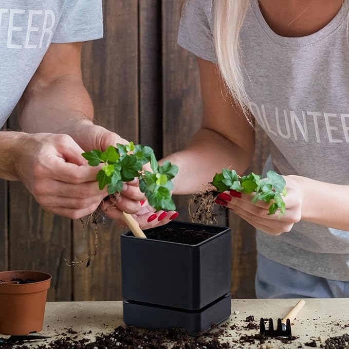 4 Inch Herb Planter Pot, Plastic Planter with Drainage Holes and Saucer, Modern Decorative Gardening Pot for Indoor Plants, Flowers, Herbs, Succulents, Black, Set of 1, 76-Y-B-1