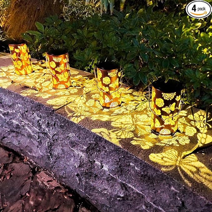 4 Pack Butterfly Solar Lanterns Outdoor Hanging Lantern Lights, Flower Pattern Waterproof LED Garden Decorative Light for Patio Yard Pathway Lawn Front Porch Tree