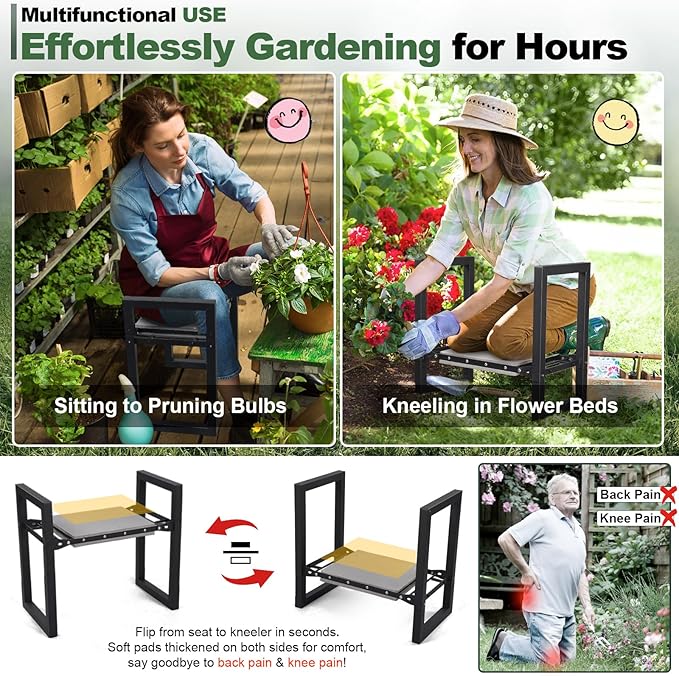 Garden Kneeler and Seat Heavy Duty - Anti-Tip Super Stable Multifunctional Gardening Stool Bench,Wide 12.7" Pads,Foldable Ergonomic Handles for Seniors Women Men Pain-Free Weeding,Planting Yard Work