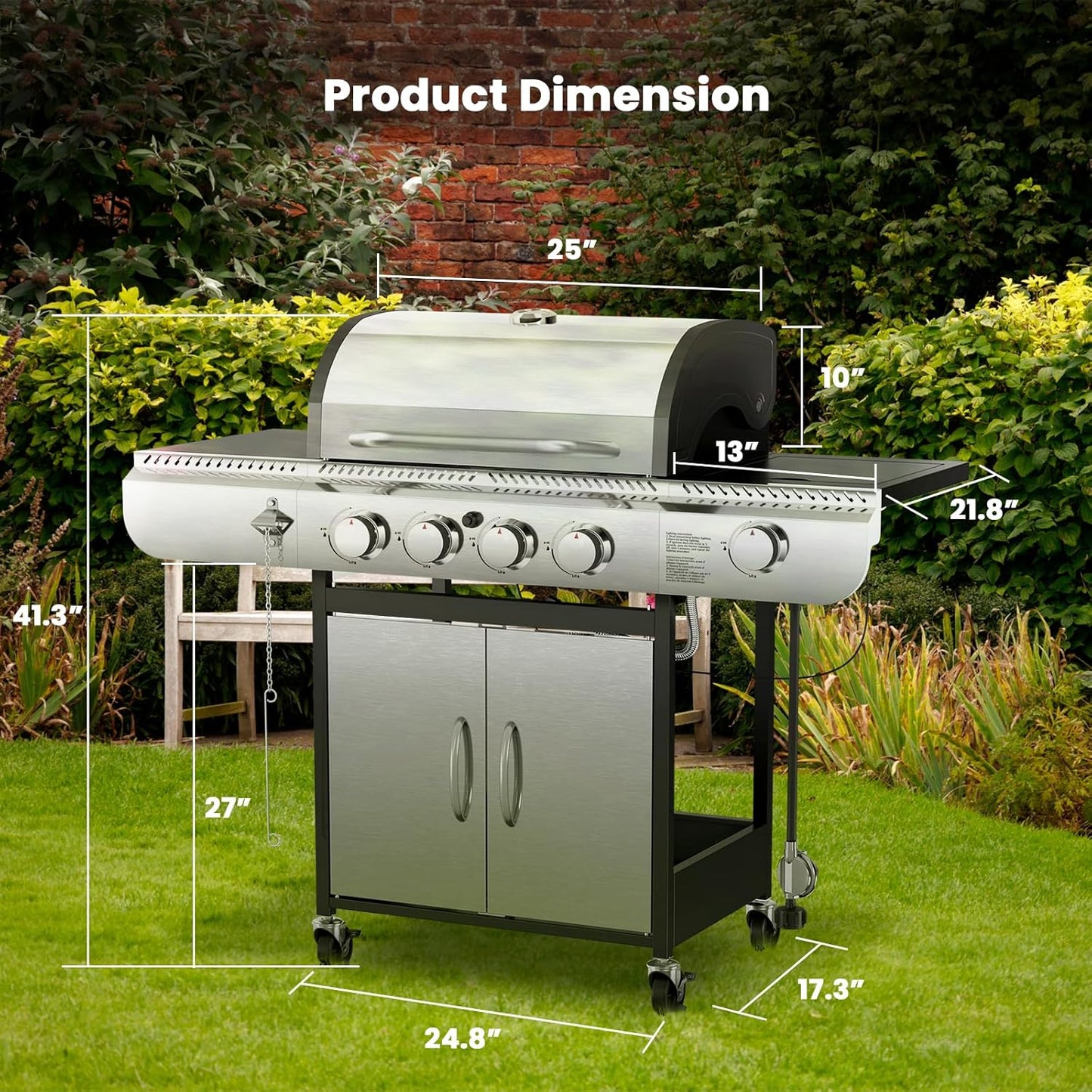 G41 Gas Grill,4-Burner Gas BBQ Grill with Side Burner, Porcelain-Enameled Cast Iron Grates, Baking Pan, 42,000 BTU Stainless Steel Propane Grill for Outdoor Cooking and Patio Barbecues