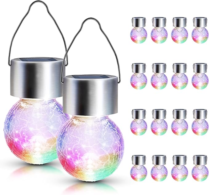GIGALUMI 16 Pack Solar Outdoor Lights, Solar Hanging Lights for Christmas Decoration-Cracked Glass Solar Lights Outdoor Waterproof for Garden, Yard, Fence, Tree(Color Changing)