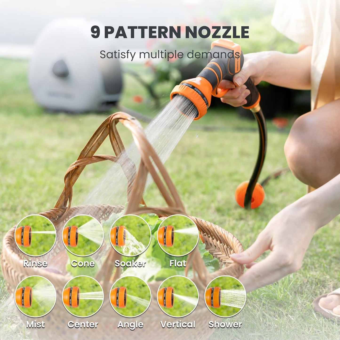 Giraffe Tools Retractable Hose Reel with 1/2 Inch x 100FT, Heavy Duty Ground Mount Garden Hose Reel, Automatic Rewind,with 9-Function Sprayer Nozzle & Flexible Swivel Base