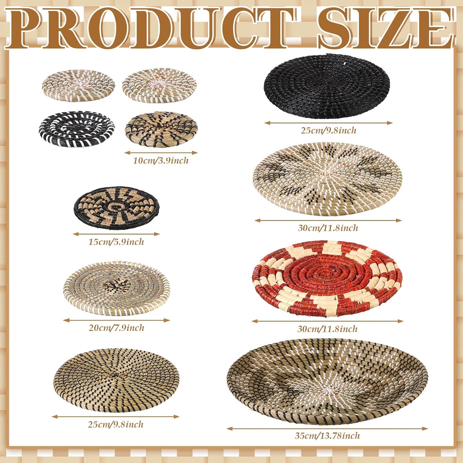 Tatuo 11 Pcs Boho Wall Basket Decor Decorative Bulrush Woven Basket Wall Decor Art Round Farmhouse Hanging Baskets for Kitchen Rustic Home Summer Decorations, Multi Sizes (Dark)