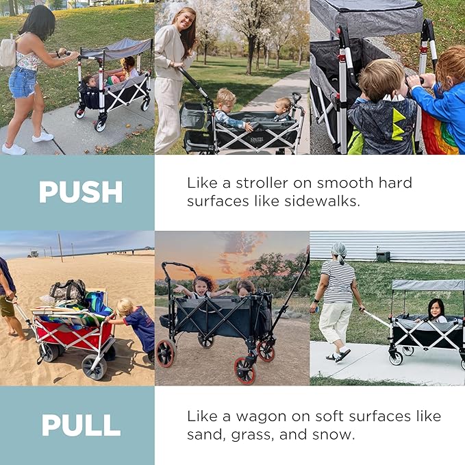 Creative Outdoor Wagon for Kids Push Pull Collapsible Stroller Folding Cart | Silver Series | Beach Park Garden & Tailgate | Teal