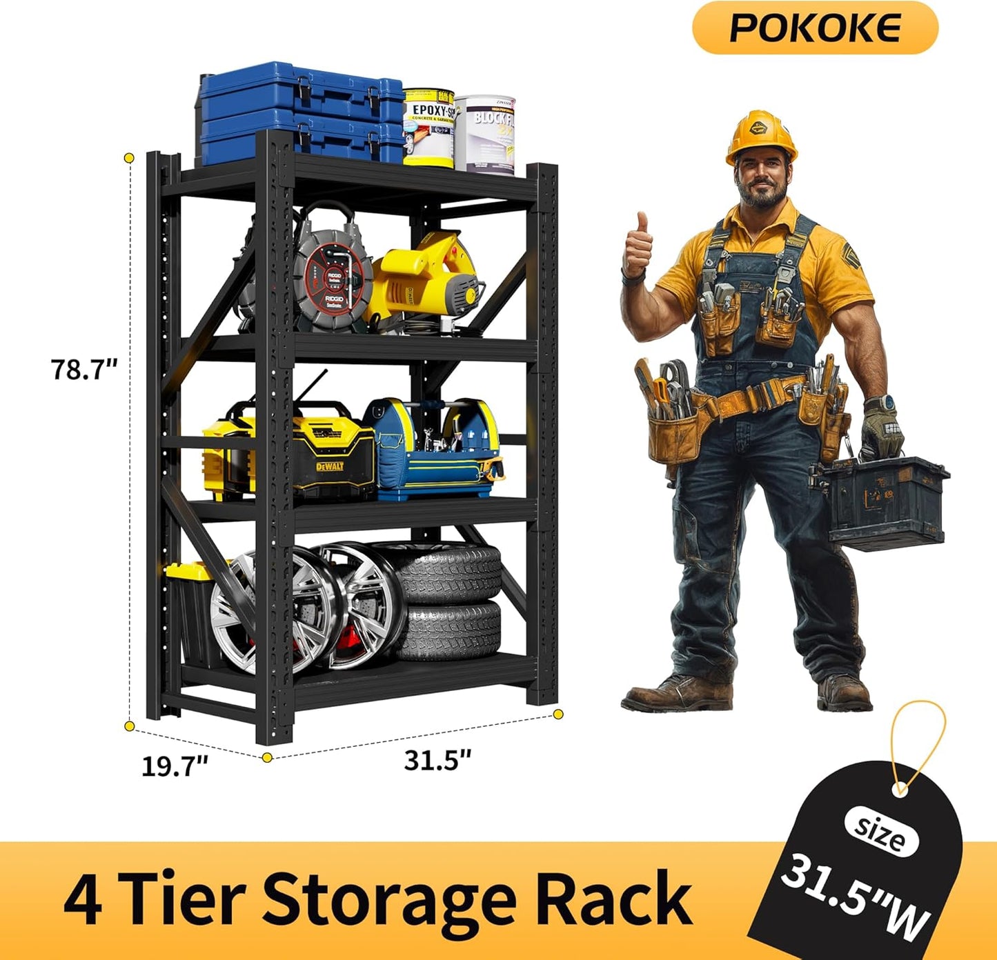 Garage Shelving Unit, 4 Tier Heavy Duty Racks, Easy Assembly, Metal Racks with Adjustable Shelves, 3000 LBS Load Capacity,for Warehouse,Basement (Black, 19.7" D x 31.5" W x 78.7" H)