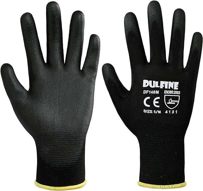 DULFINE Ultra-Thin PU Coated Work Gloves-12 Pairs,Excellent Grip,Nylon Shell Black Polyurethane Coated Safety Work Gloves, Knit Wrist Cuff,Ideal for Light Duty Work. (Medium)