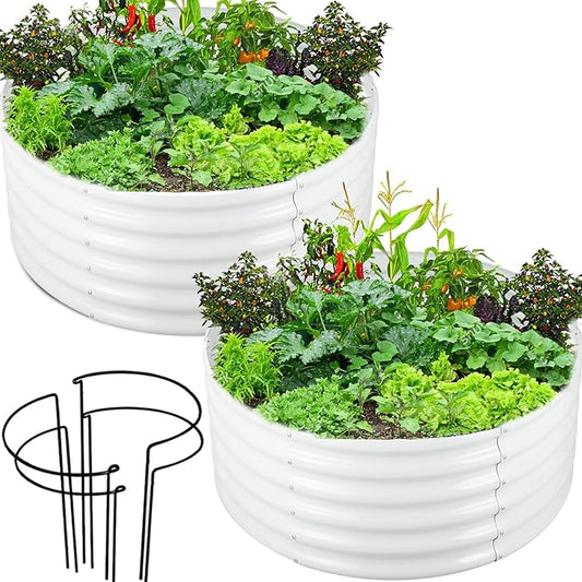 FORTUNO 2 Pcs 17" Tall 4 Ft Round Raised Garden Bed Box Galvanized Metal Outdoor High Flower Bed Steel Patio Ground Planter for Planting Vegetables and Herbs, White