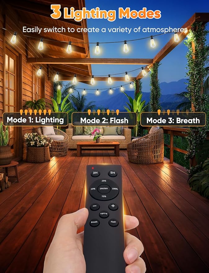 Brightever 50FT Outdoor String Lights with Remote, LED String Lights for Outside with 16 Shatterproof ST38 Vintage Edison Bulbs, 3 Modes 2 Timer Dimmable Outside Lighting for Patio, Gazebo, Deck, Yard