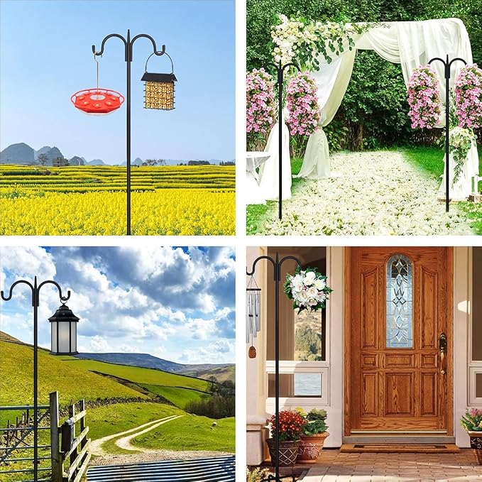 FEED GARDEN Adjustable Double Shepherds Hook for Outdoor with 5 Prong Base 63 Inch Heavy Duty Two Sided Bird Feeder Pole for Hanging Plant Baskets, Solar Light Lanterns, Wind Chimes 2 Pack