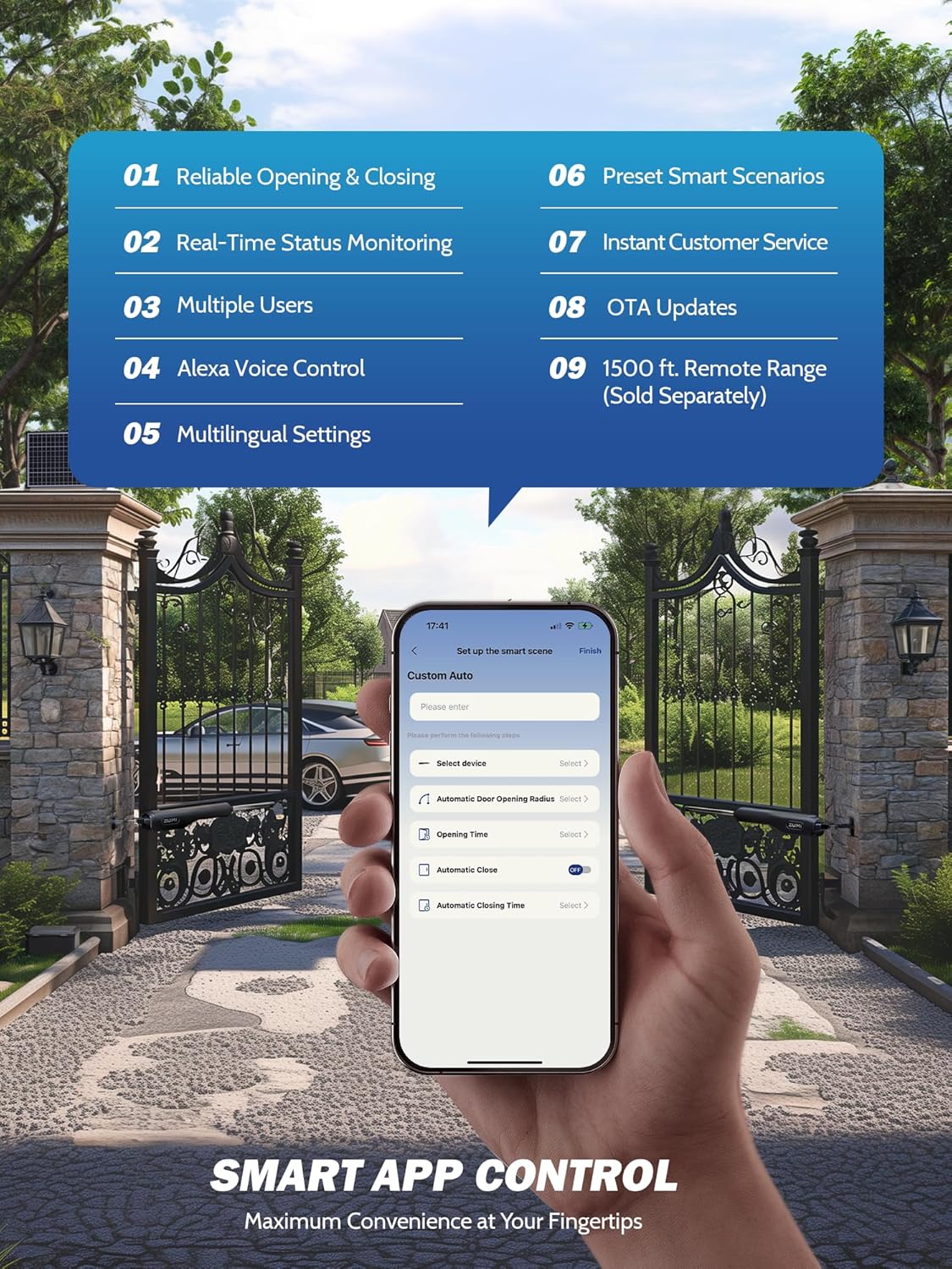 ZUMI Automatic Gate Opener for Dual Swing Gates, App Control Swing Gate Opener for Gates up to 900lb*2 20ft, Electric Swing Gate Opener with Remote Control, Smart Gate Opening System for Home Driveway
