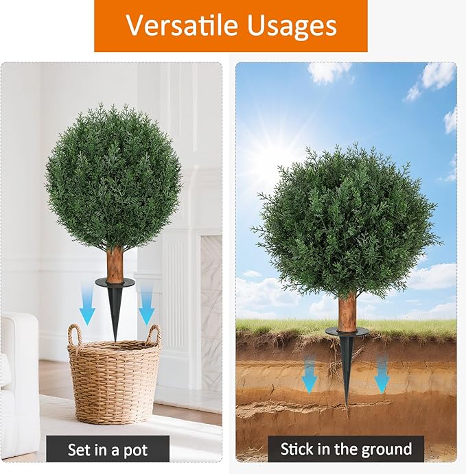 Artificial Cedar Topiary Ball Trees with Ground Spike, 24.6 inche Tall UV-Resistant Fake Outdoor Plants Evergreen Shrubs, Realistic Faux Pine Bushes for Front Porch Home Patio Garden, Set of 4