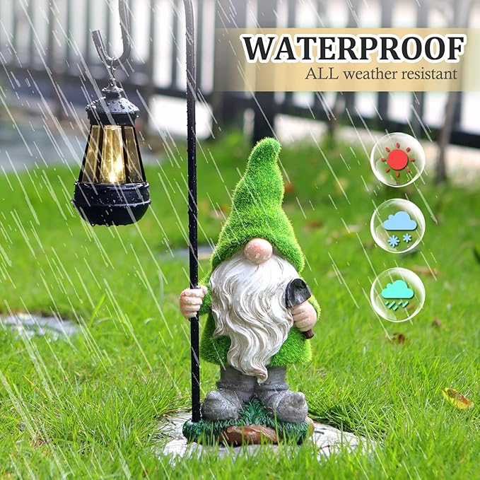 Flocked Solar Garden Gnomes Outdoor Statues-15.8”Outdoor Garden Decor-LED Outdoor Decor Light-Unique Housewarming Gifts Yard Art Sculptures for Patio Lawn Ornaments