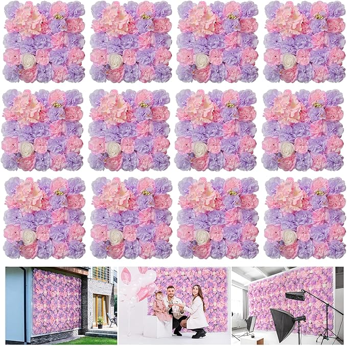 Flower Wall Backdrop12 pcs 16.5x16.5 Inch Floral Wall Panel Artificial Silk Rose Wall Decor Ideal for Wedding Celebrations, Festive Party Backdrops, and Home Decor-Pink and Purple