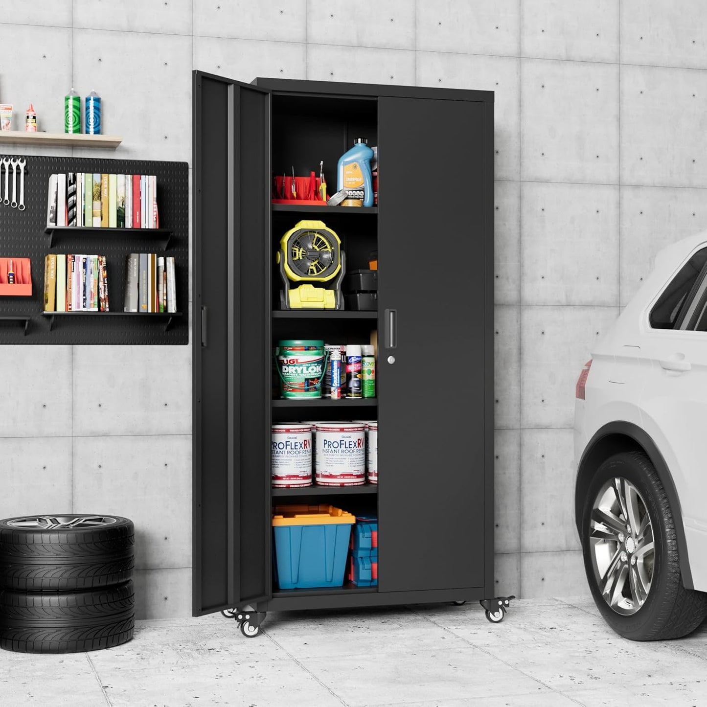 73" H Metal Garage Storage Cabinet with Wheels,Rolling Tool Storage Cabinet with 2 Doors and 4 Adjustable Shelves for Garage,Home,Office,Warehouse,Workshop, Required-Assembly,Black