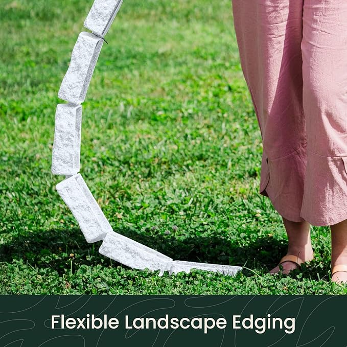 Beuta Landscape Edging | Garden Edging Border | No Dig Faux Stone Bricks & Spikes for Lawn Edging, Flower beds, Pathways & Yards – 4 Packs | Each Pack Has 6 Bricks 48" Lx 4" W x 2.25" H|Limewash