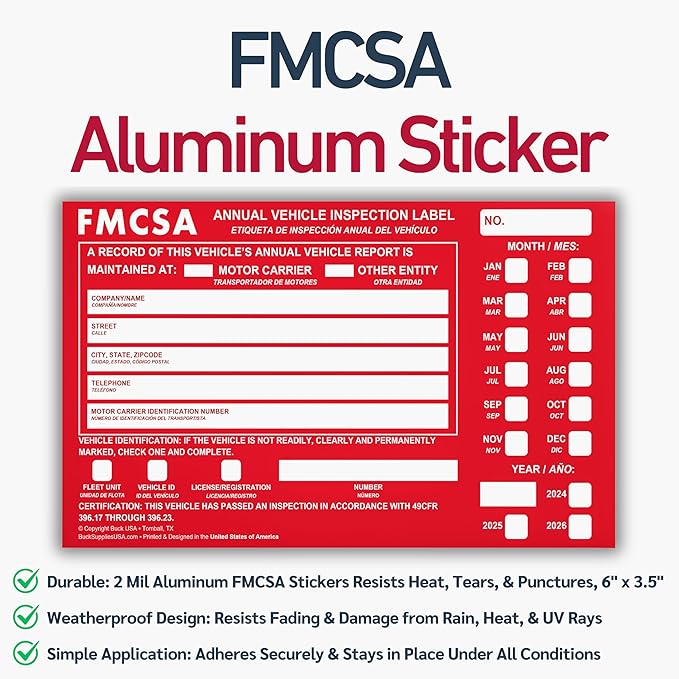 50 Pack Buck Aluminum Annual Vehicle Inspection Label with Punch Boxes, 2 Mil Red FMCSA Self Adhesive Sticker, DOT Compliant, Weatherproof, Tear Resistant, Easy to Write On, 6" x 3.5" - Made in USA