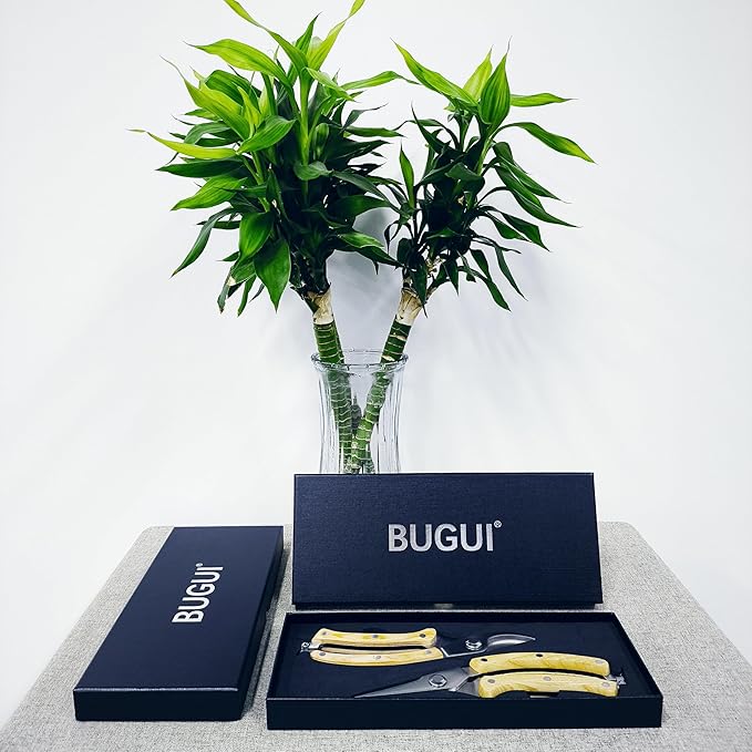 BUGUI 8” Wood Handle Garden Scissors, Set of 2, Includes Bypass Pruning Shears and Long Straight Tip Clippers, Premium Gardening Tools with Precision-Ground SK-5 Steel Blade