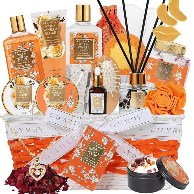 Christmas Gifts for Women - 21-Piece Luxury Vanilla Sugar Bath and Body Spa Gift Basket Set for Women Self Care Kit with Necklace, Bath Bomb | Valentine's Day, Mothers Day Gifts for Mom, Wife