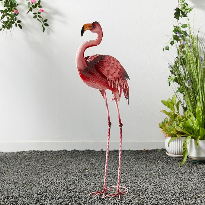 Glitzhome Metal Standing Flamingo Garden Statue with Stakes Outdoor Decorative Sign, 36.25" H