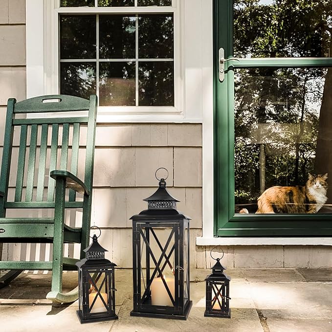 DECORKEY 3PCS (20’’&13’’&9’’) Lanterns Decorative Indoor & Outdoor, Vintage Metal Frame Candle Holders for Front Porch, Patio, Pathway, Balcony, Garden, Yard Decor, Halloween Christmas Decorations