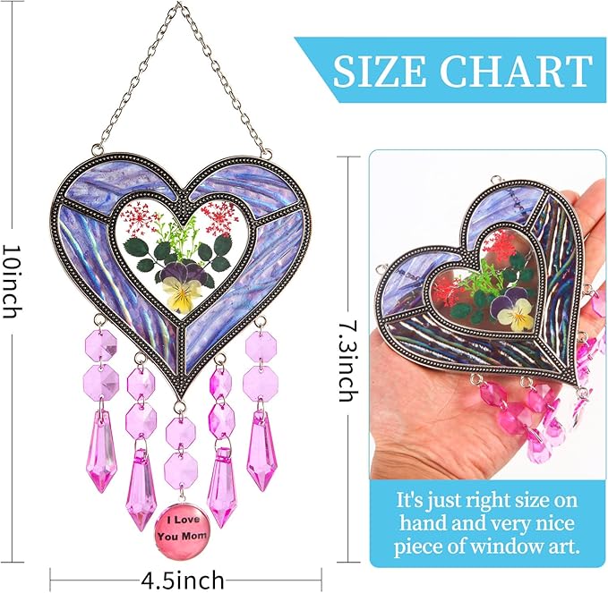 Gifts for Mom Suncatcher Heart Shaped I Love You Mom - Colored Glass Light Catcher Hanging Wind Chime Decorations Window Gifts Mother's Day Valentine's Day Birthday Christmas (Purple)