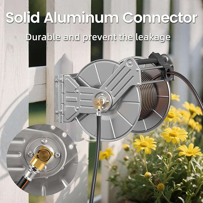 Giraffe Tools Stainless Steel Garden Hose Reel Heavy Duty, Wall/Floor Mounted Stainless Water Hose Reel Retractable with Crank, 150-Feet 5/8" Hose Capacity