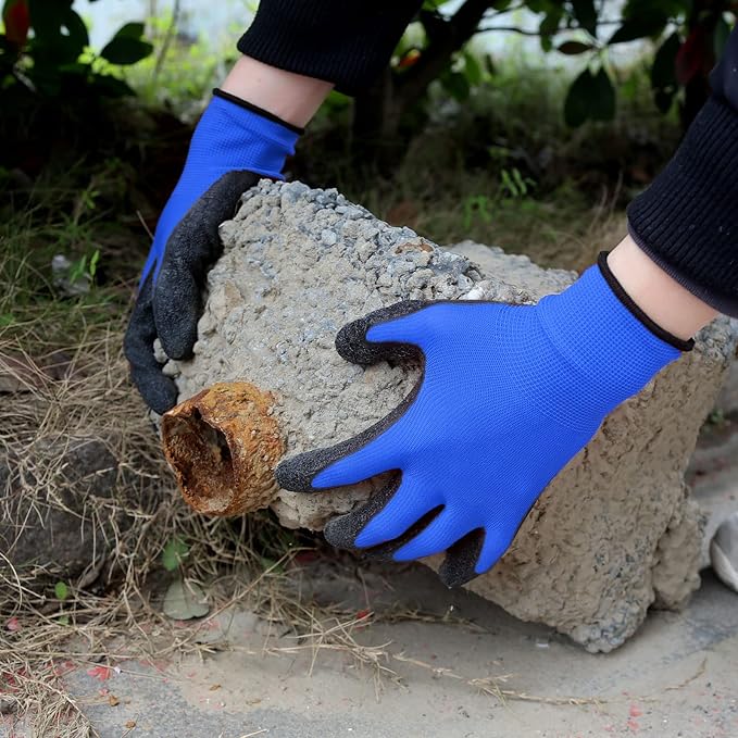 Evridwear Crinkle Latex Rubber Hand Coated Safety Work Gloves for Men Women General Multi Use Construction Warehouse Gardening Assembly Landscaping (Large,Blue- 12Pair)