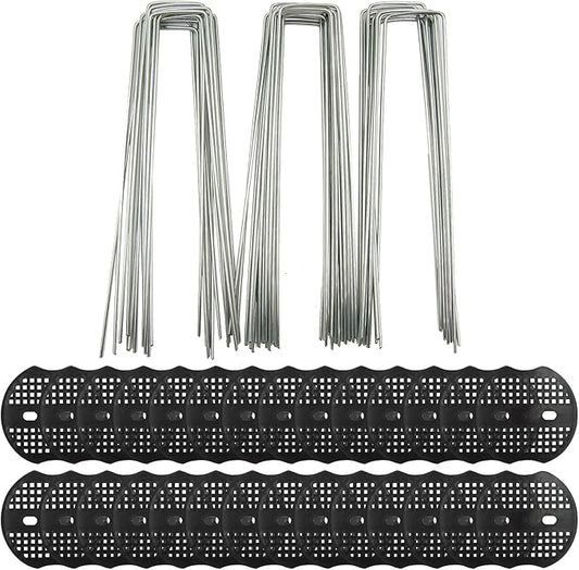 50 PCS Garden Landscape Stakes Staples and Gasket, Thick Heavy Duty Yard Ground Pin for Weed Barrier SodFabric for Weed Barrier Irrigation Tubing Garden Decor, Securing Lawn Fabric, Weed Barrier