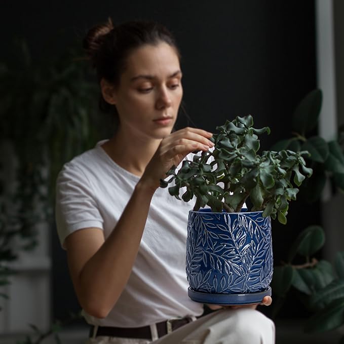 D'vine Dev 6 Inch Embossed Leaves Stoneware Planter Pot with Drainage Hole and Saucer, Midnight Blue, 27-A-X-3